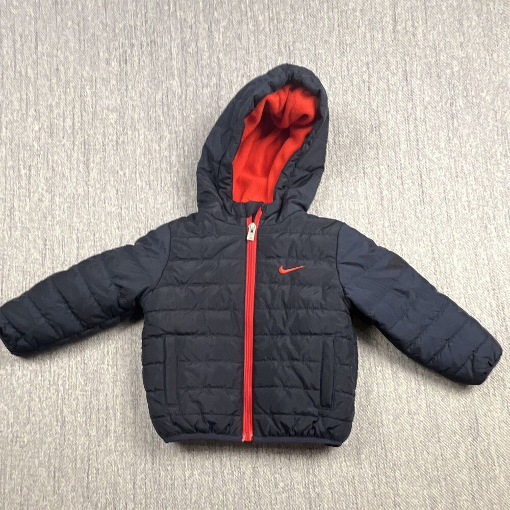Nike 18M Unisex Baby Hooded Puffer Jacket Blue/Red Full Zip Lined Fall